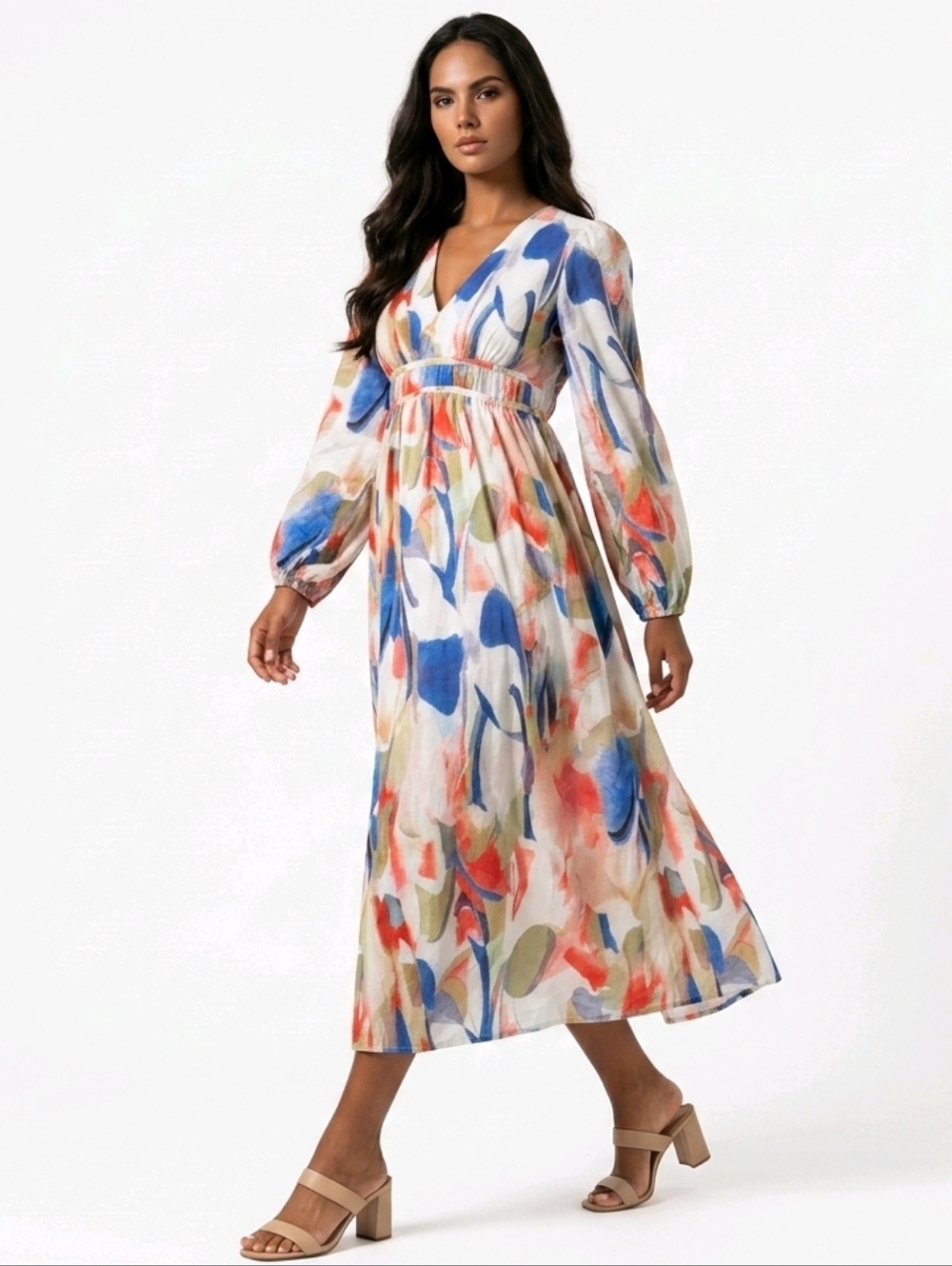 Floral Watercolor V-Neck Midi Dress in Multicolor